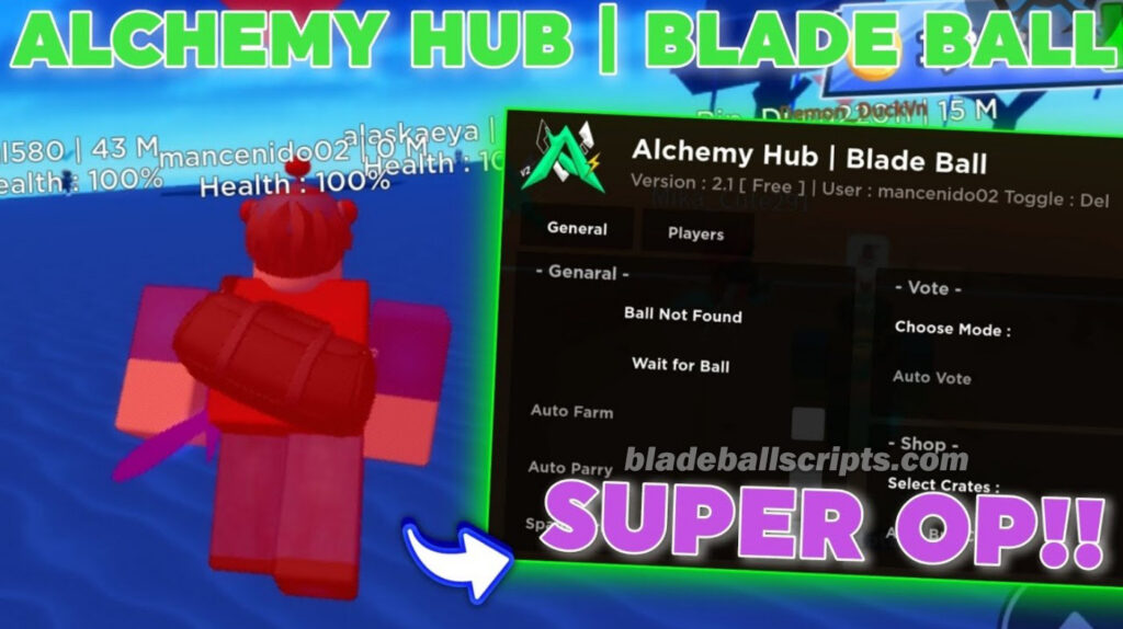 Blade Ball Script Alchemy Hub script menu.