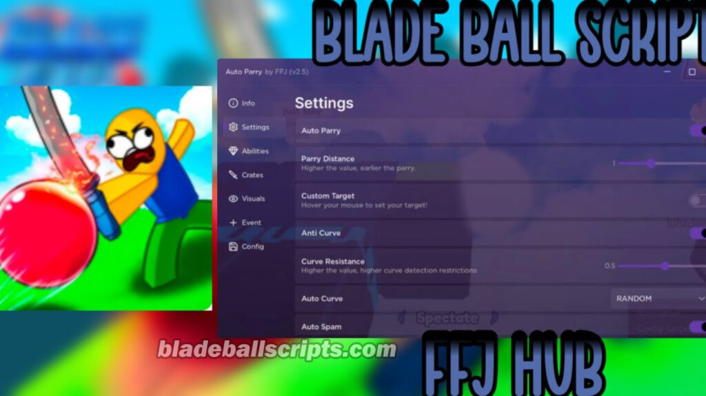 Blade Ball Script FFJ Hub script menu.