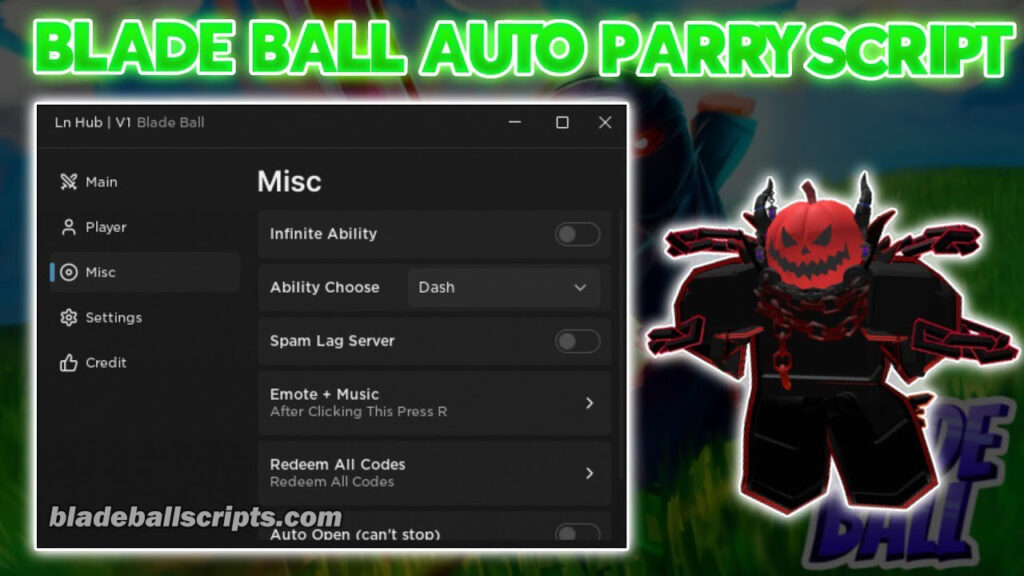 Blade Ball Script Ln Hub Banner on the page with script menu.